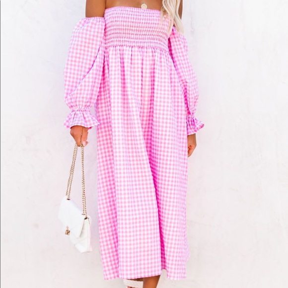 Off-the-Shoulder Gingham Midi Dress